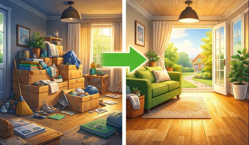 Side-by-side illustration showing a cluttered, messy living room on the left with stacks of boxes, scattered shoes, books, and cleaning supplies, contrasted with a bright, tidy living room on the right featuring a green sofa, potted plants, sunlight streaming in through open French doors, and a clear view of a peaceful neighborhood path.
