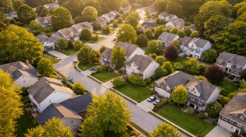 Aerial view of a quiet suburban neighborhood with tree-lined streets and well-kept single-family homes, captured in warm golden-hour light.