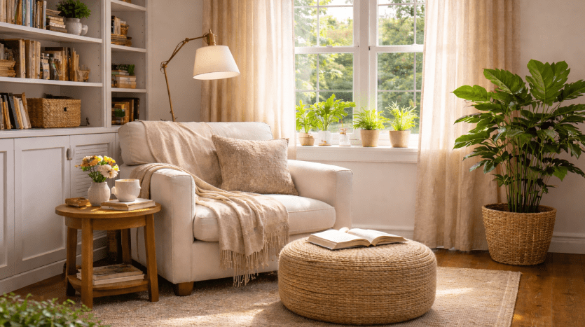 Sunlit reading nook with an upholstered armchair, woven ottoman, wooden side table, bookshelves, houseplants, and large windows with sheer curtains.
